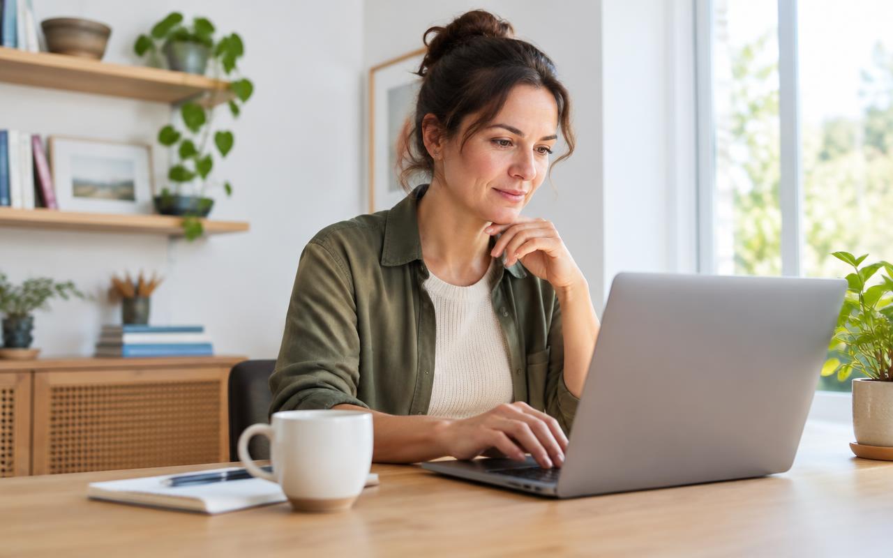 Empreendedora respondendo avaliações de clientes no notebook