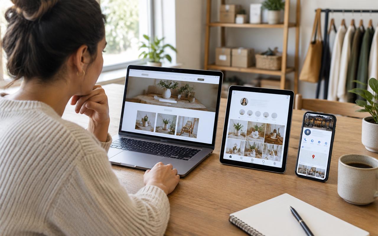 Site, rede social e perfil da empresa comparados lado a lado em notebook, tablet e celular