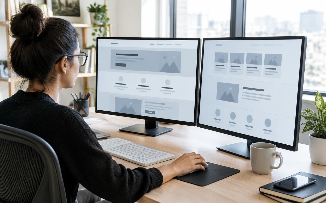 Profissional estruturando as páginas de um site em dois monitores