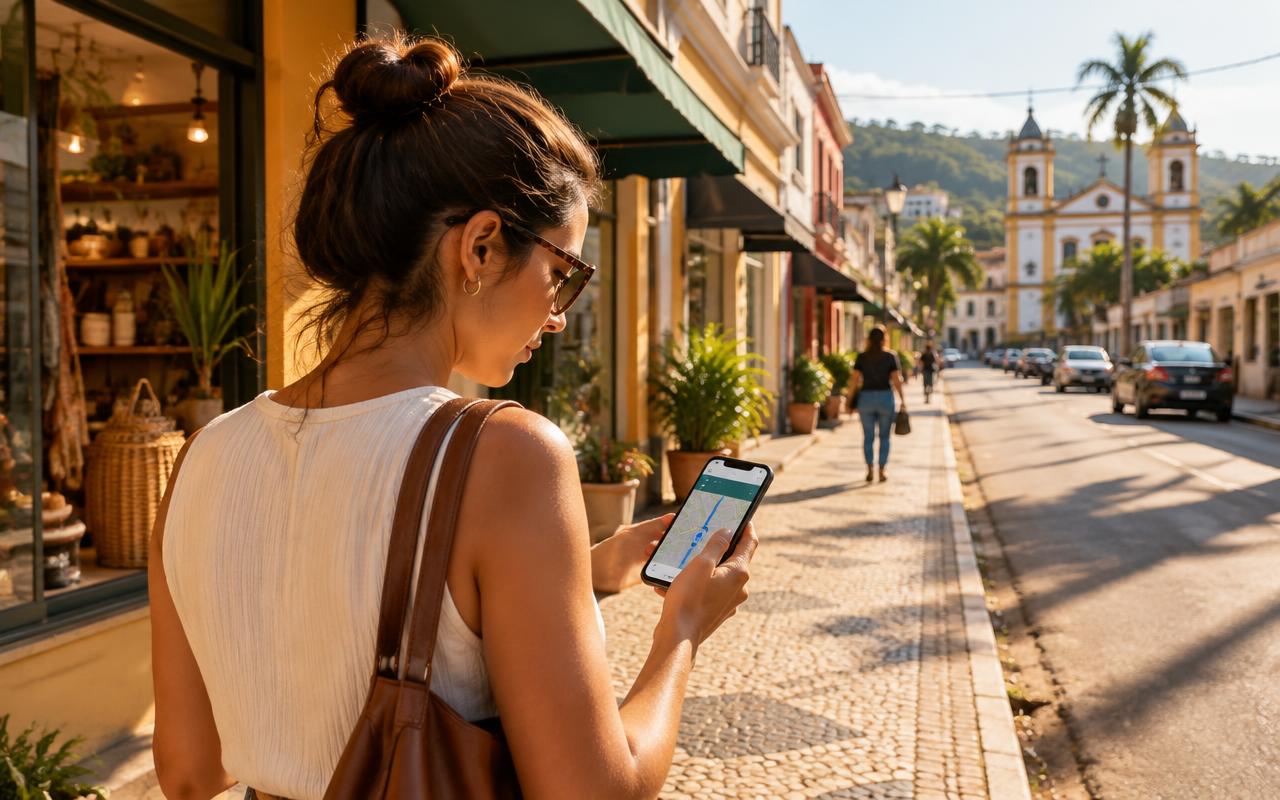 Pessoa pesquisando um serviço no mapa do celular enquanto caminha pela cidade