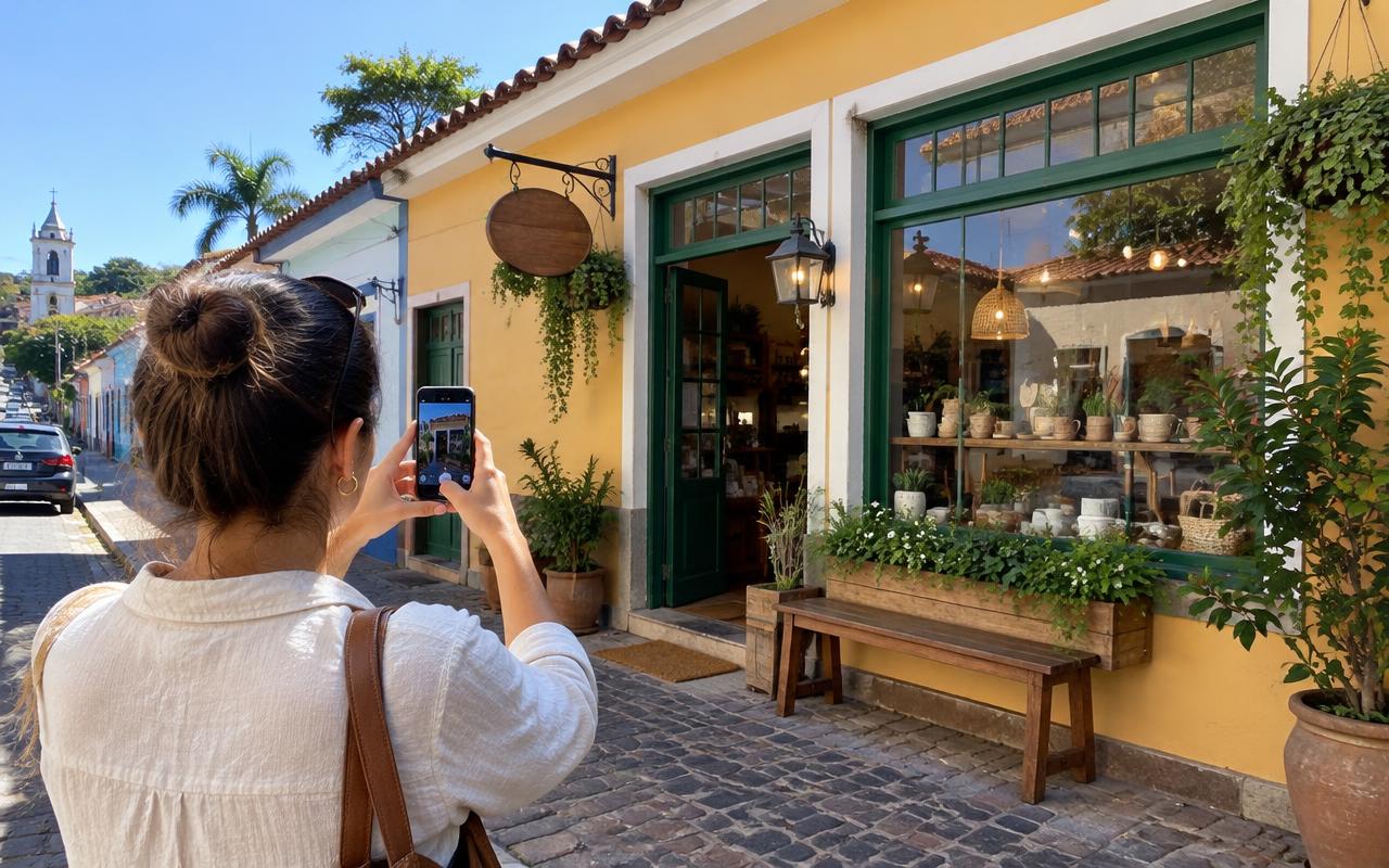 Empreendedora fotografando a fachada da loja com o celular