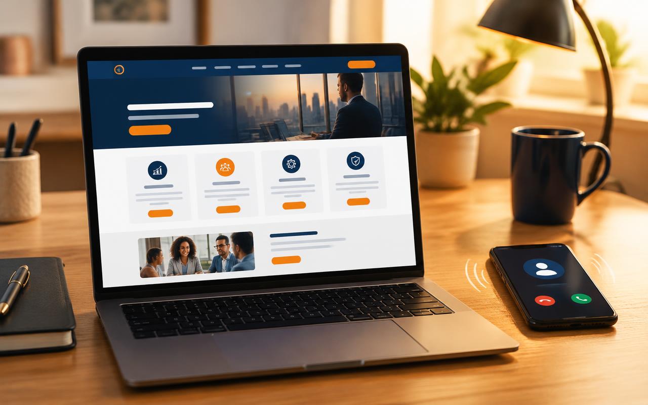 Notebook com site organizado por serviços e celular recebendo ligação